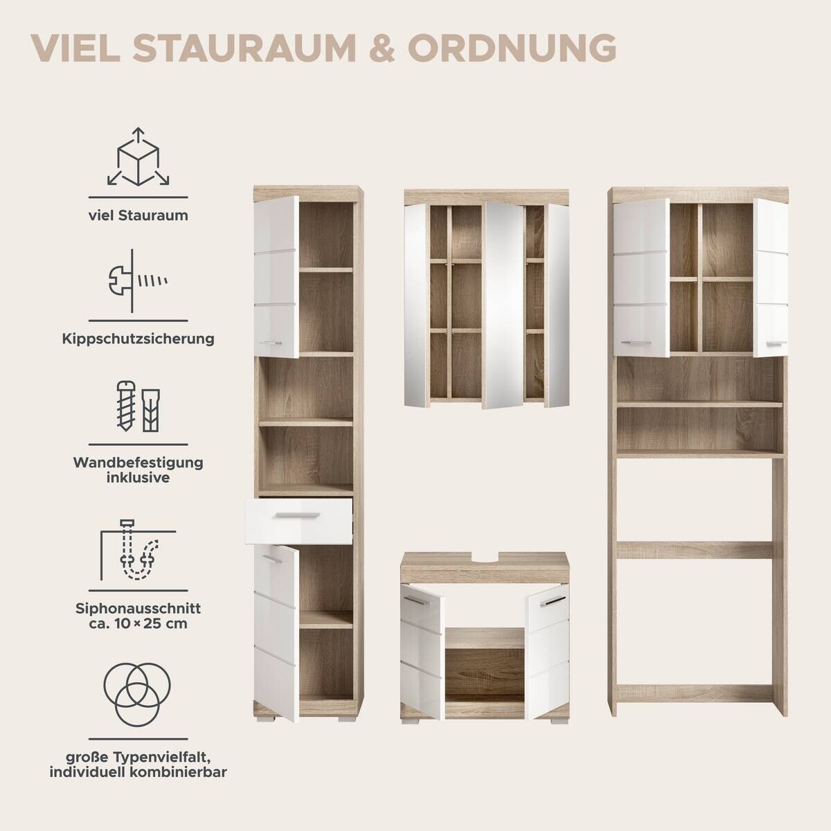 Badezimmer-Set Lambada Eiche Sonoma Nachbildung weiß Hochglanz B/H/T: ca. 190x191x34 cm