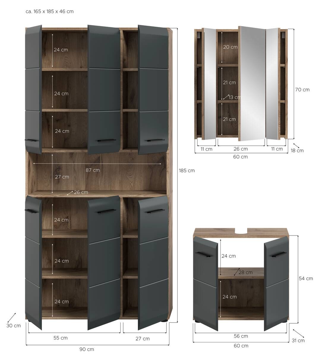 Badezimmer-Set Ice Nox Oak Nachbildung schwarz matt B/H/T: ca. 165x185x46 cm