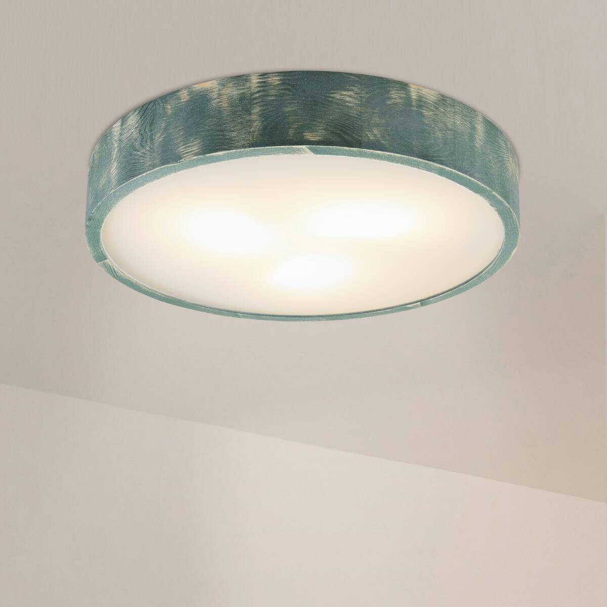 Lamkur Deckenleuchte hellbraun grün Glas Holz B/H/L: ca. 48x48x10 cm 3 Brennstellen