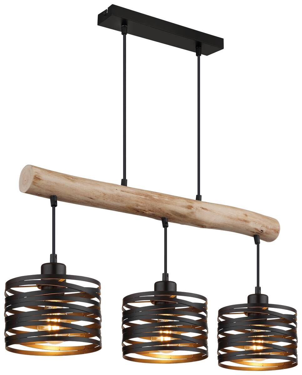 GLOBO Pendelleuchte natur schwarz Metall Holz B/H/L: ca. 17x120x70 cm E27 3 Brennstellen