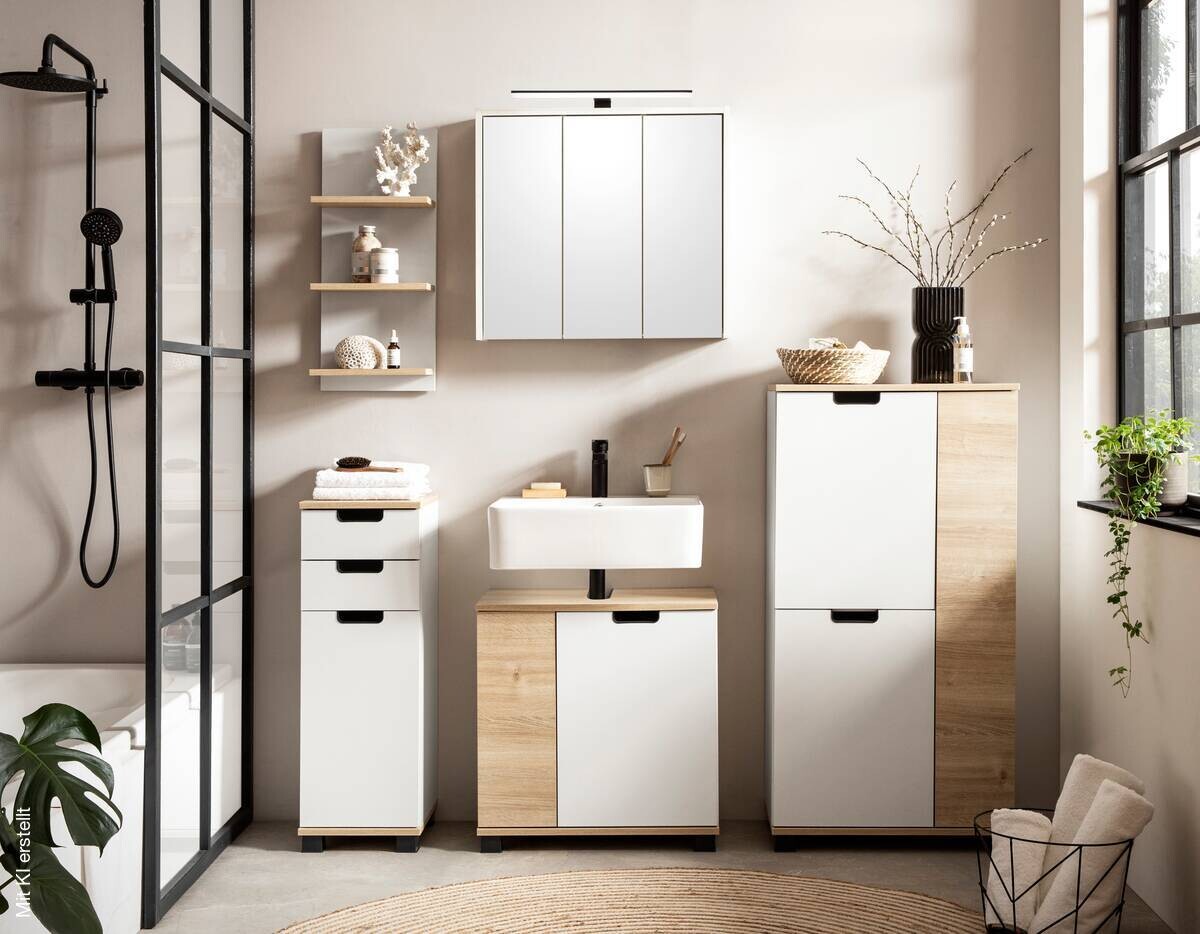 Highboard Emmik weiß matt Eiche Eiche weiß Nachbildung B/H/T: ca. 59,8x116,9x32,6 cm