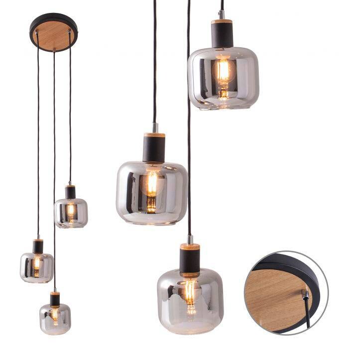 Näve Leuchten Pendelleuchte 6116722 Fumoso schwarz natur Metall Rauchglas H/D: ca. 123x23 cm E14 3 Brennstellen