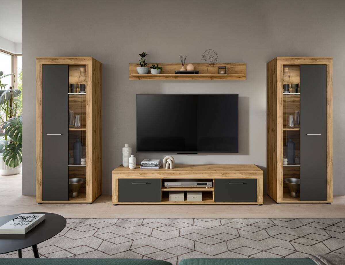 Wohnwand Jam Eiche Wotan Nachbildung grau B/H/T: ca. 310x159x35 cm