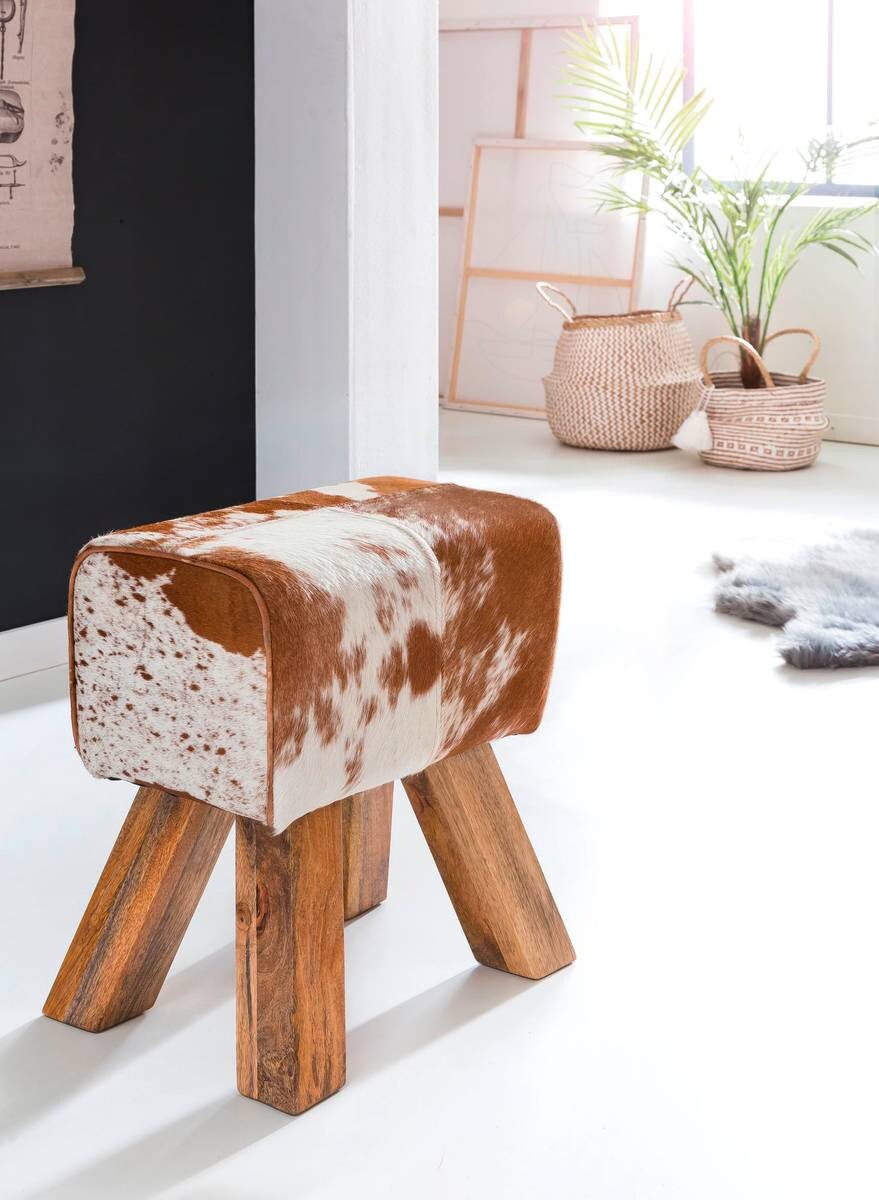 Wohnling Sitzhocker natur natur Leder Echtholz B/H/T: ca. 40x47x25 cm