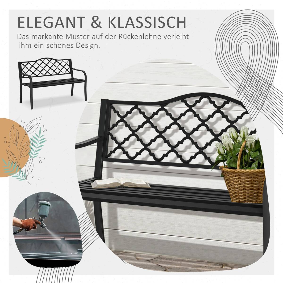 Outsunny Gartenbank schwarz Eisen B/H/L: ca. 58,5x89x128 cm