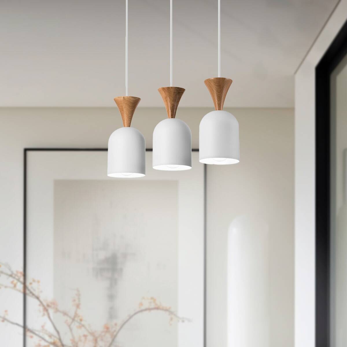 Lamkur Hängeleuchte weiß Eiche Stahl Holz B/H/L: ca. 15,5x92x45 cm E27 3 Brennstellen