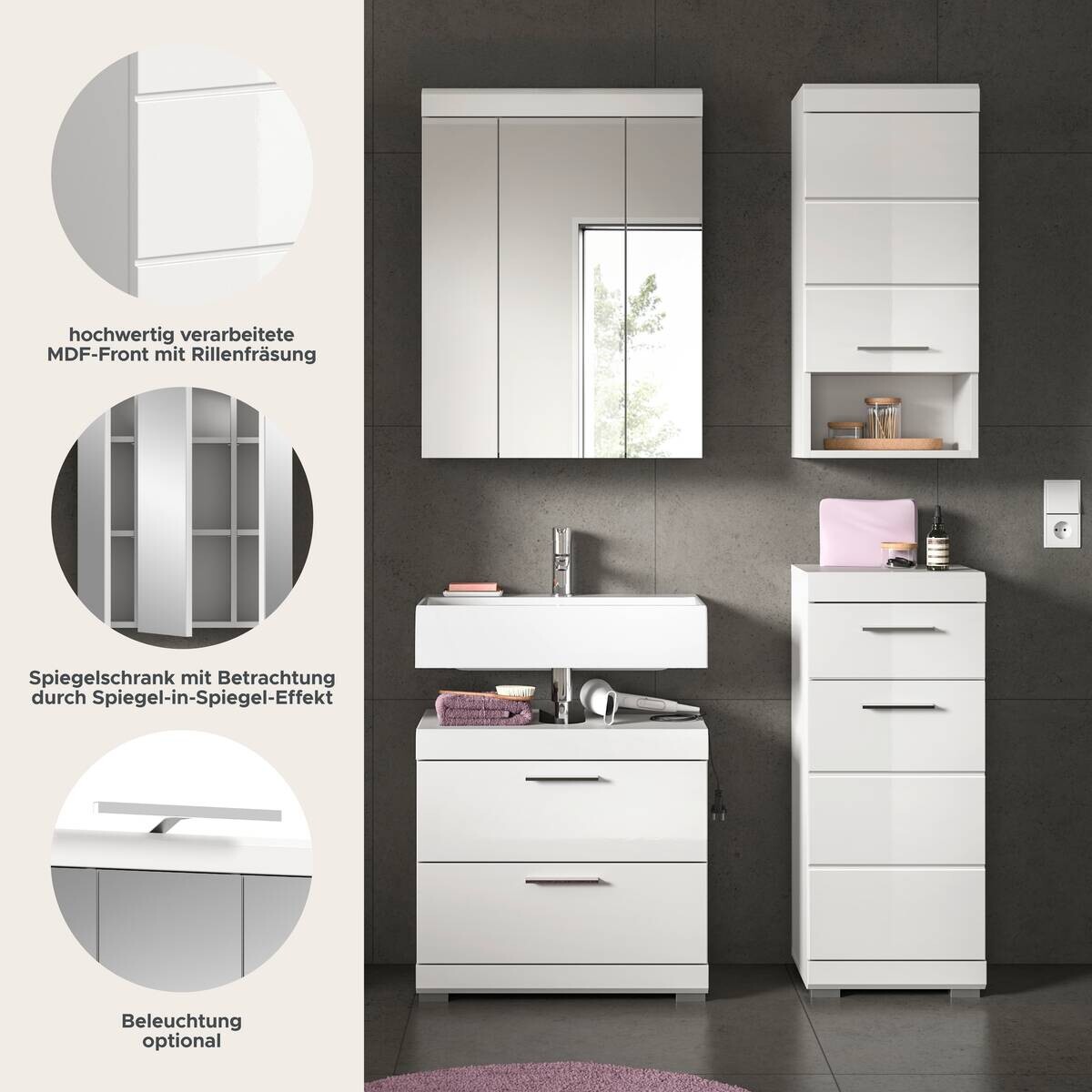 Badezimmer-Set Scout weiß weiß Hochglanz B/H/T: ca. 112x191x37 cm