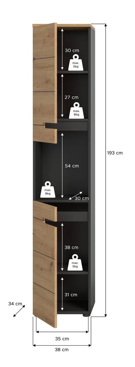 Hochschrank Canu Basalt Eiche Artisan Nachbildung B/H/T: ca. 38x193x34 cm