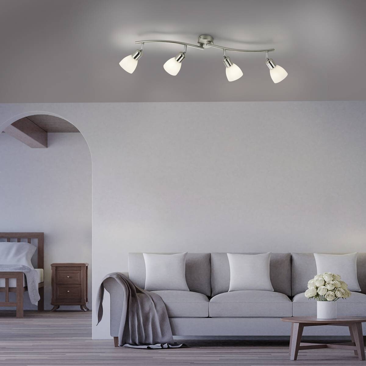 Just Light Spotbalken PN11954-55 Karo stahlfarbig weiß Aluminium Kunststoff Glas B/H/L: ca. 22x21x87 cm E14 4 Brennstellen