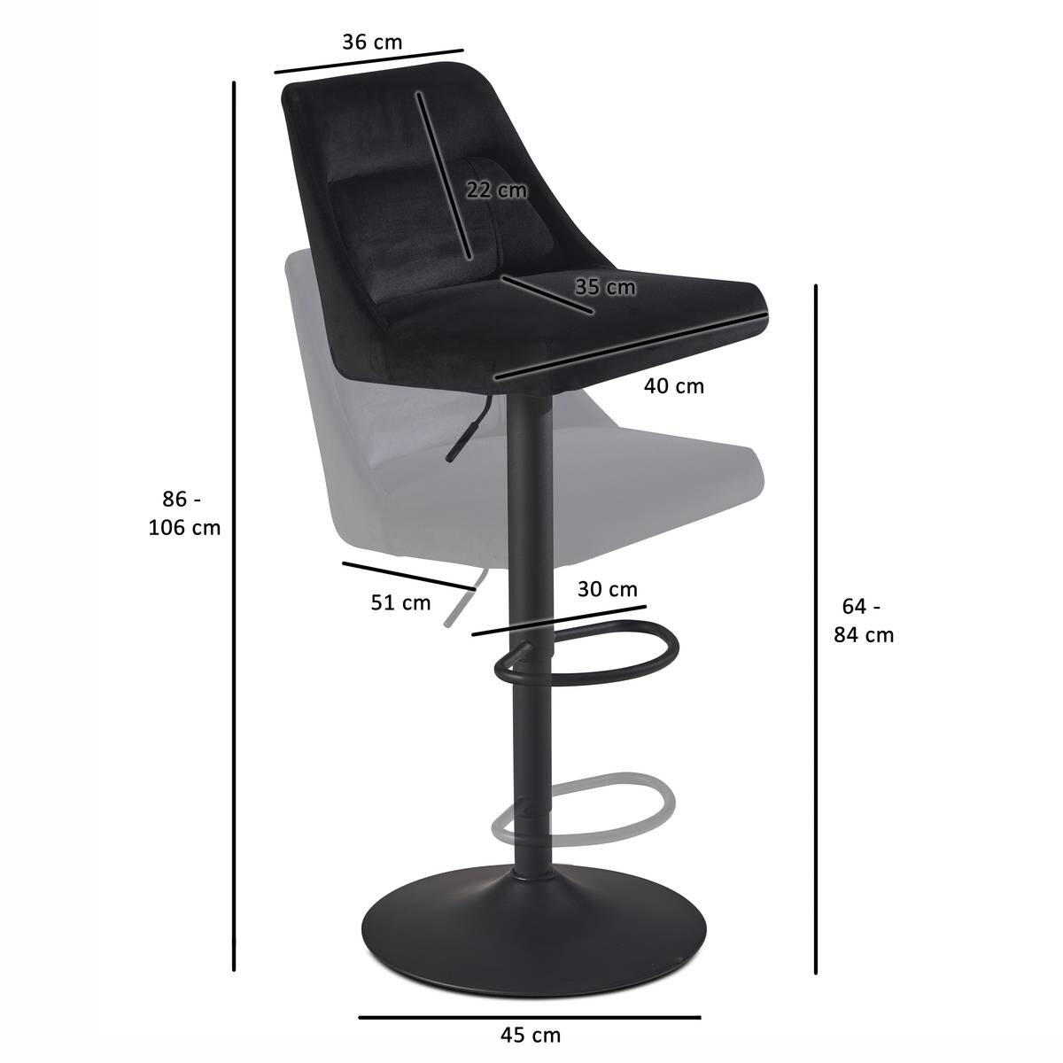 Barhocker schwarz Samt B/H/T: ca. 45x106x51 cm