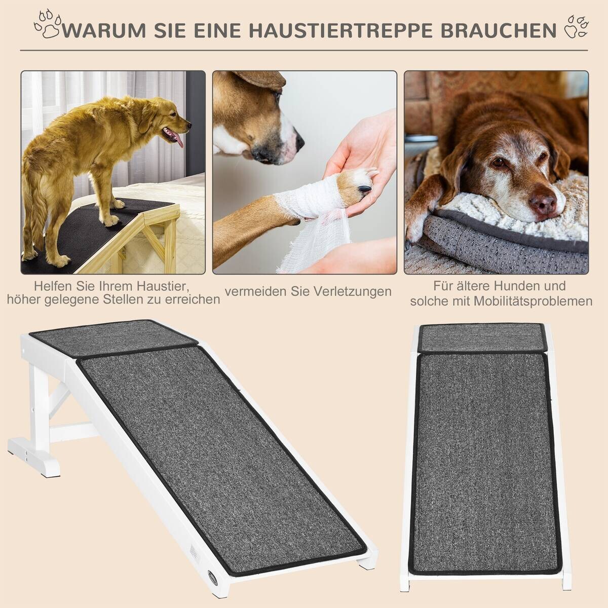 PawHut Haustierrampe m. rutschfestem Teppich weiß Kiefer B/H/L: ca. 40x125x35,5 cm