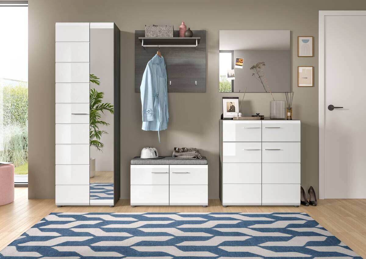 Garderobe SALSA Eiche Rauchsilber Nachbildung weiß Hochglanz B/H/T: ca. 250x192x37 cm