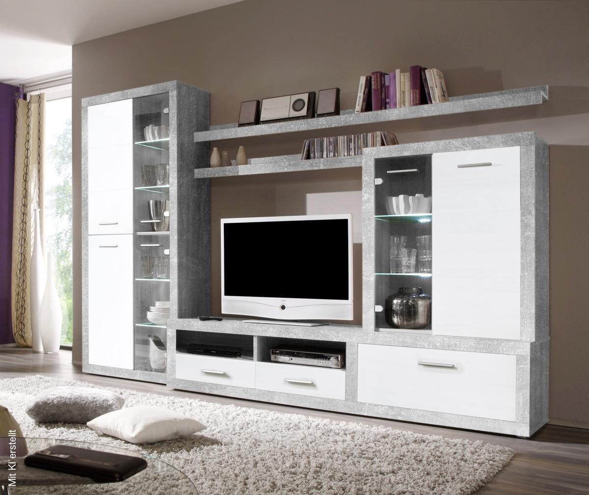 Wohnwand CanCan Beton Optik weiß B/H/T: ca. 285x195x40 cm | weiß | 285,00/195,00/40,00 cm