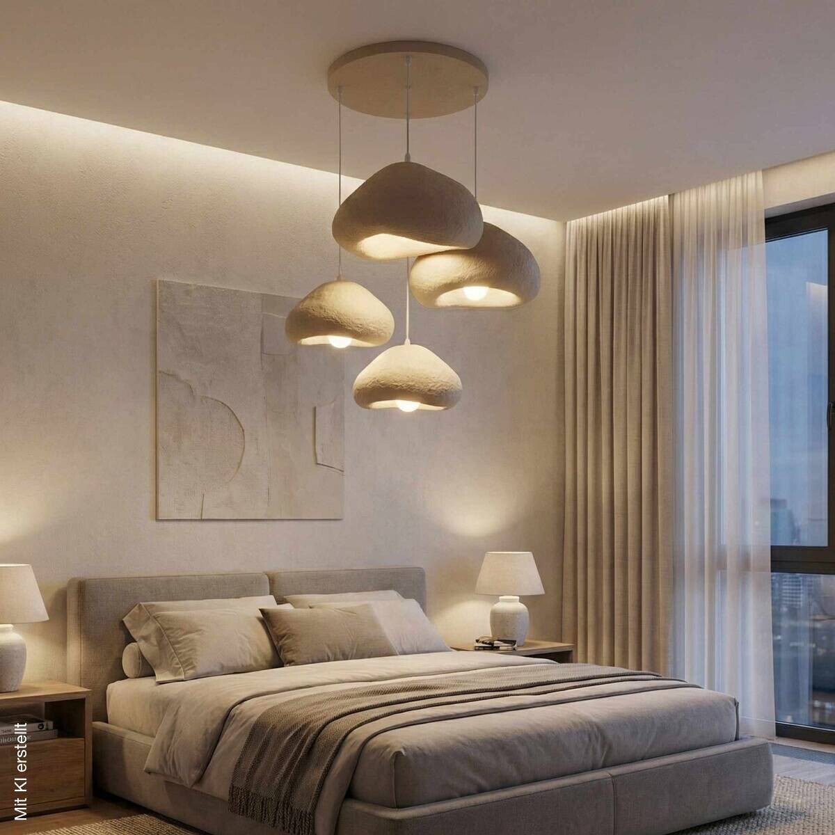 Opviq Pendelleuchte beige Metall Fiberglas B/H/T/L: ca. 154x110x46x154 cm E27 4 Brennstellen
