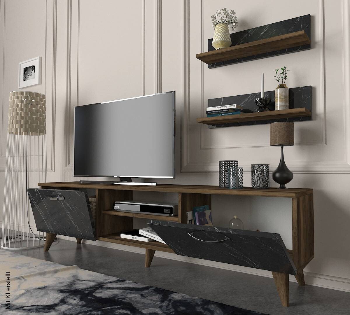 Wohnwand Ayden walnuss Nachbildung dunkelgrau Marmor Optik B/H/T: ca. 150x40,6x30 cm