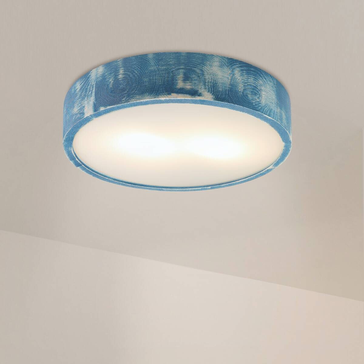 Lamkur Deckenleuchte blau hellbraun Glas Holz B/H/L: ca. 38x38x10 cm 2 Brennstellen