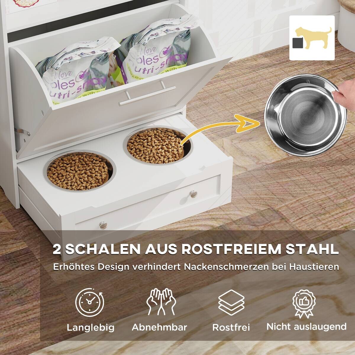 PawHut Haustier-Futterschrank weiß MDF B/H/L: ca. 35,5x82x61 cm