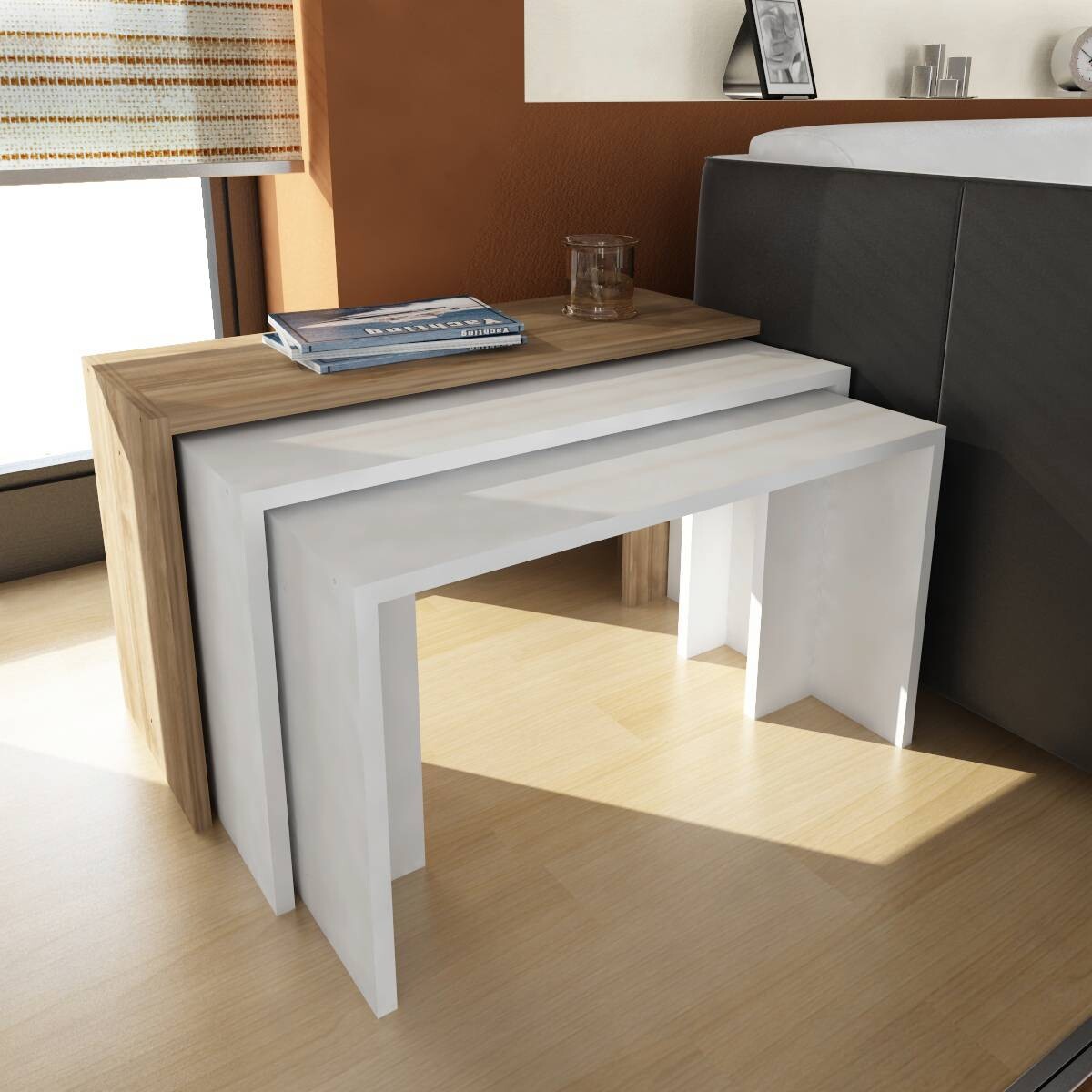 Beistelltisch 3er-Set. Cango weiß walnuss Nachbildung Spanplatte B/H/T: ca. 80x45x30 cm