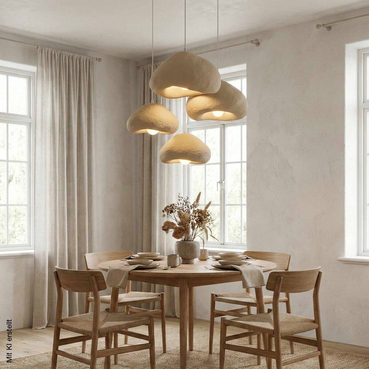 Opviq Pendelleuchte beige Metall Fiberglas B/H/T/L: ca. 154x110x46x154 cm E27 4 Brennstellen
