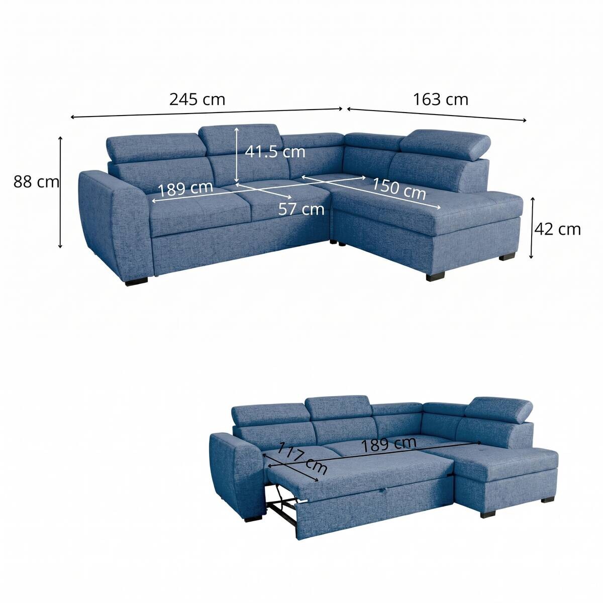 Ecksofa mit Bettfunktion und Bettkasten Ocean Webstoff B/H/T: ca. 245x184x87 cm