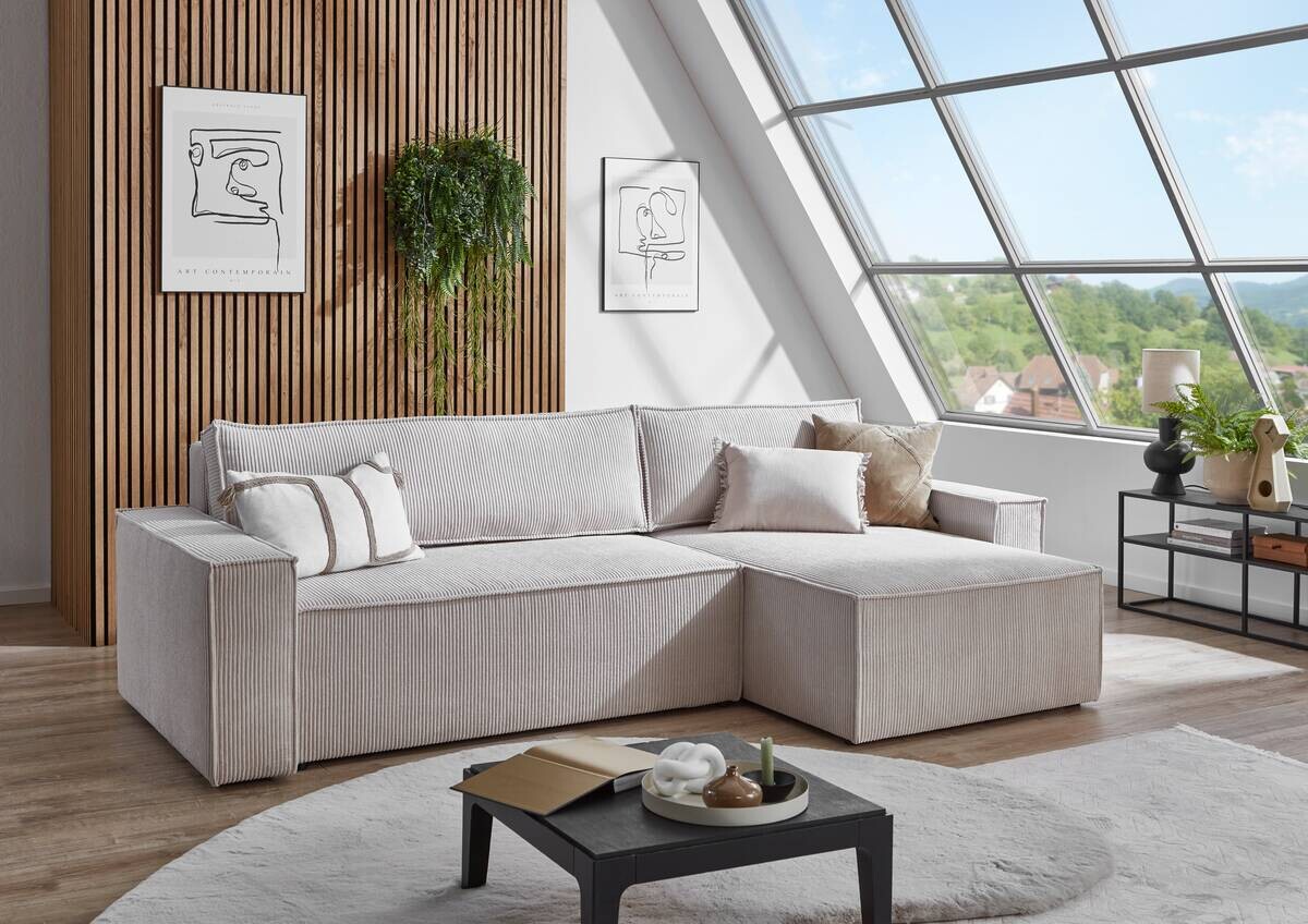Ecksofa mit Bettfunktion und Bettkasten natur Microfaser B/H/T: ca. 266x150x83 cm