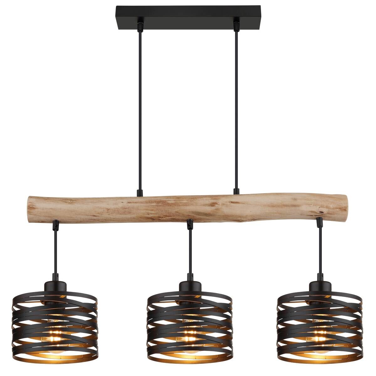 GLOBO Pendelleuchte natur schwarz Metall Holz B/H/L: ca. 17x120x70 cm E27 3 Brennstellen