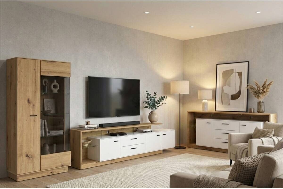 TV-Lowboard Covelo Eiche Artisan Oak Nachbildung weiß B/H/T: ca. 236x66x40 cm