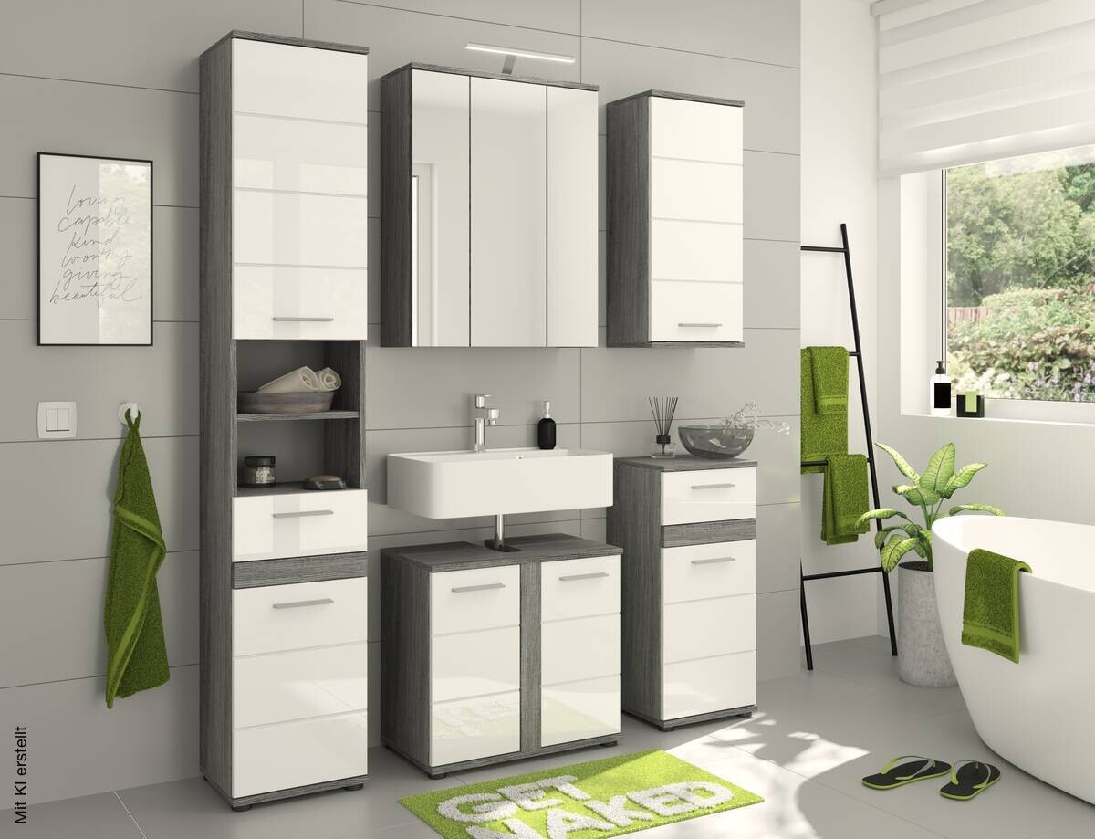 Badezimmer-Set BLAKE Rauchsilber Nachbildung weiß Hochglanz B/H/T: ca. 60x191x34 cm