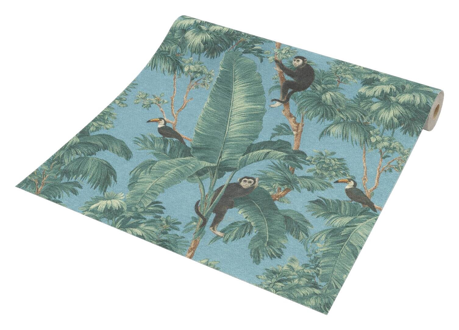 Vliestapete Palmen mit Affen grün türkis B/L: ca. 53x1005 cm