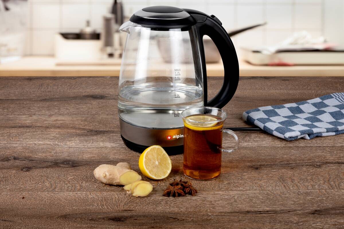 alpina Glaswasserkocher schwarz Glas Edelstahl ca. 1,7 l