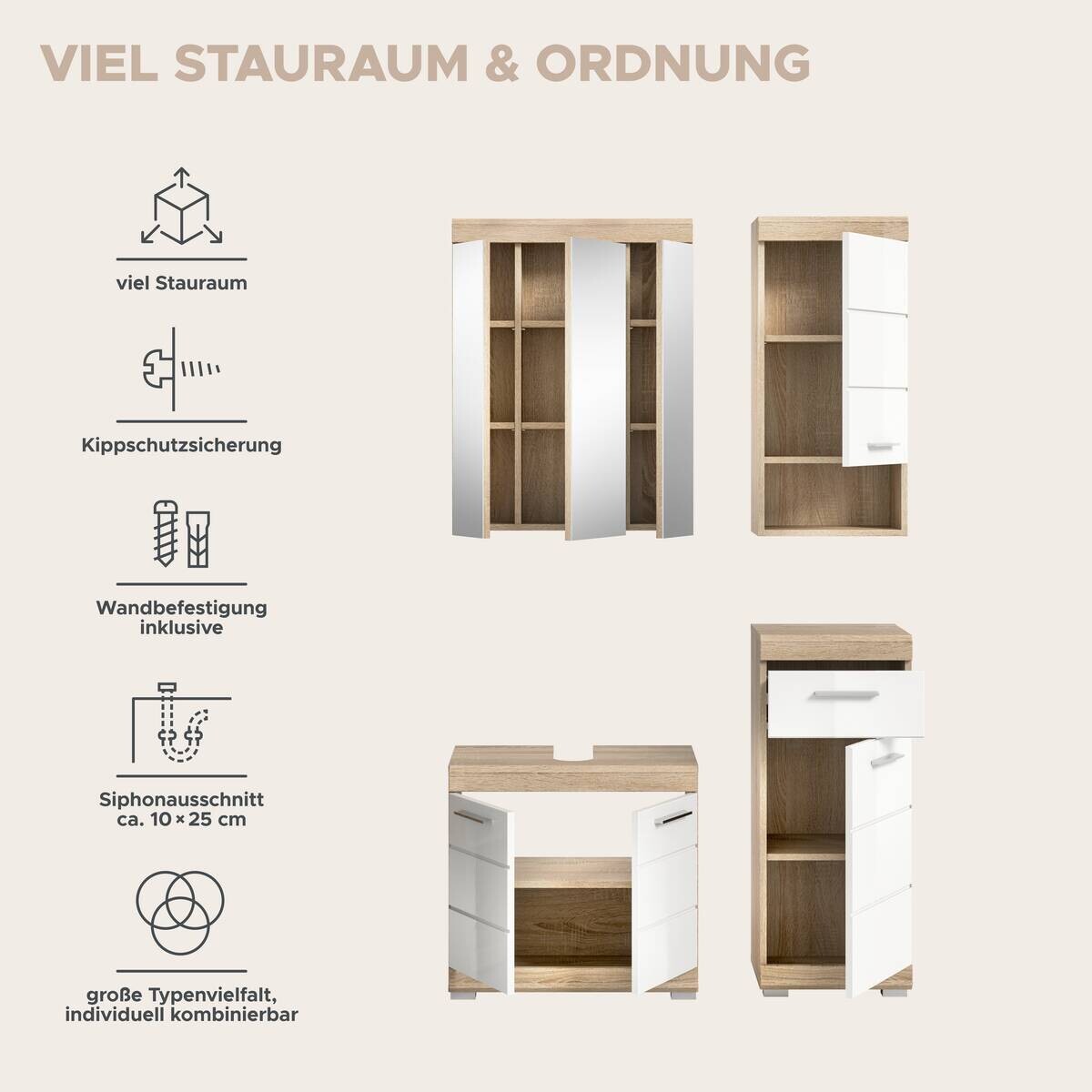 Badezimmer-Set Lambada Eiche Sonoma Nachbildung weiß Hochglanz B/H/T: ca. 112x191x34 cm