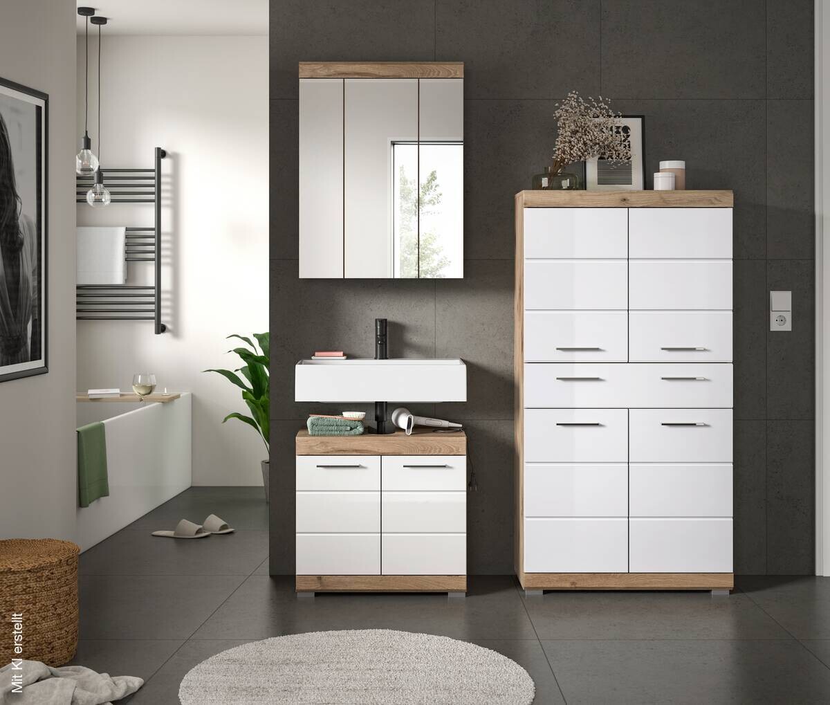 Badezimmer-Set Wave weiß Hochglanz Nox Oak Nachbildung B/H/T: ca. 149x191x34 cm