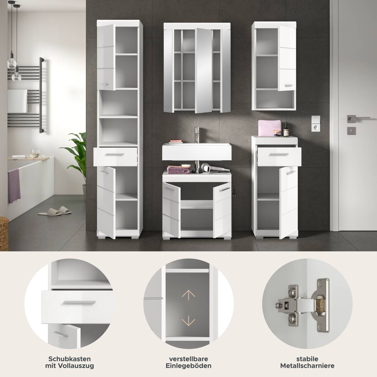 Badezimmer-Set Scout weiß weiß Hochglanz B/H/T: ca. 164x191x34 cm