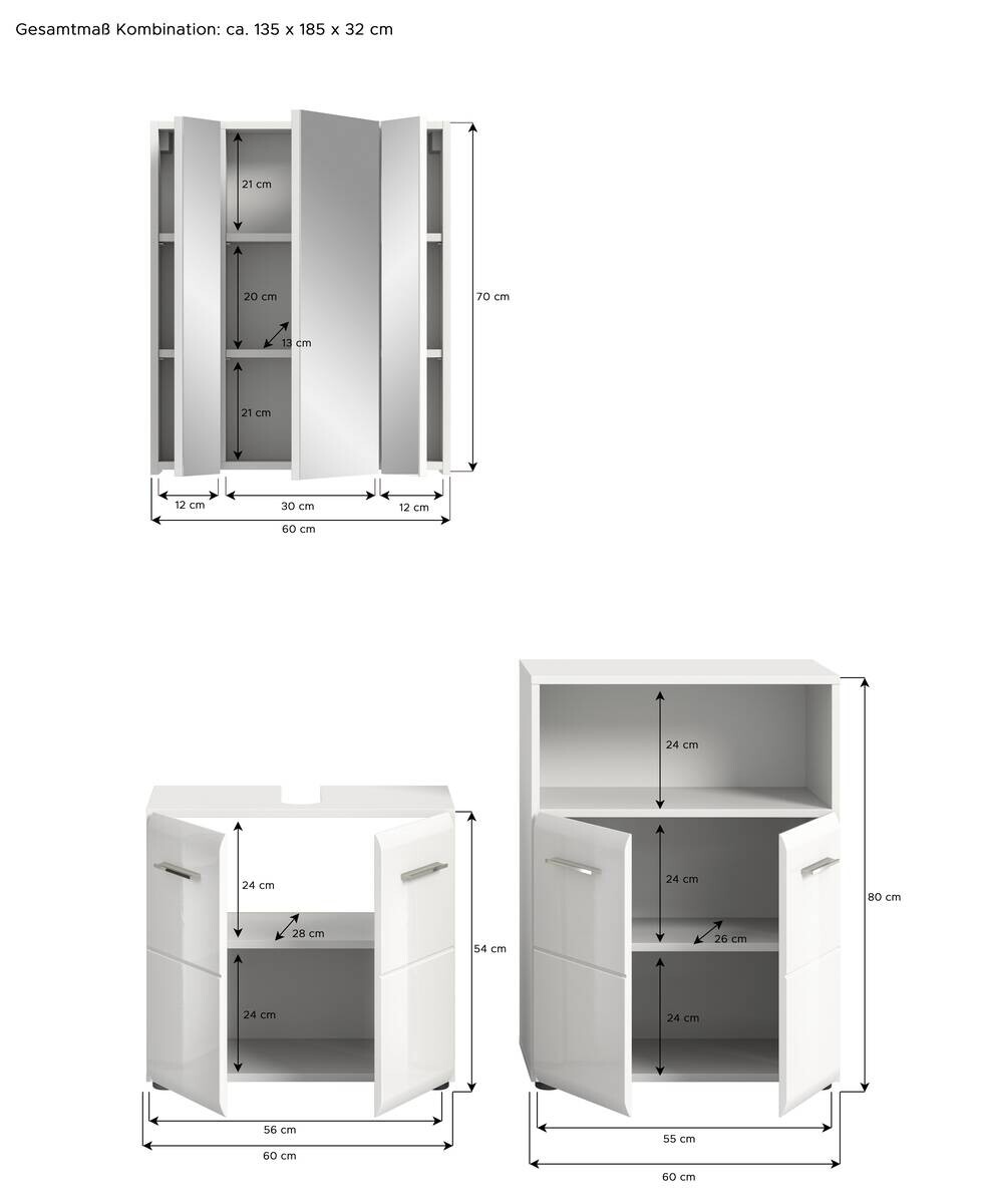 Badezimmer-Set ICE weiß weiß Hochglanz B/H/T: ca. 135x190x32 cm