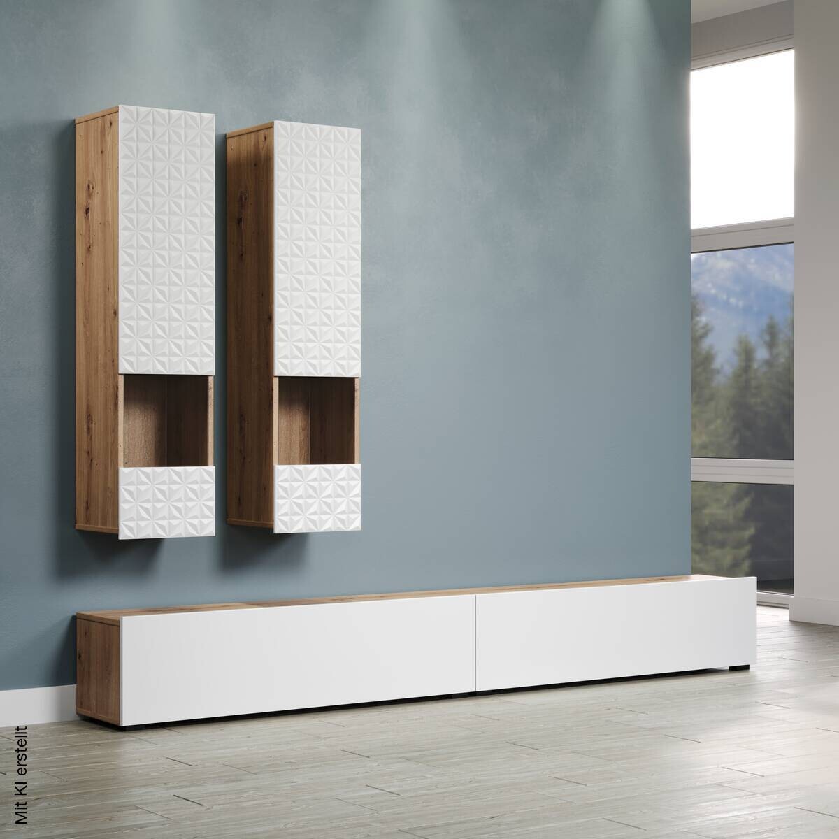Wohnwand Rezzo weiß Oak Artisan Nachbildung B/H/T: ca. 241x200x30 cm