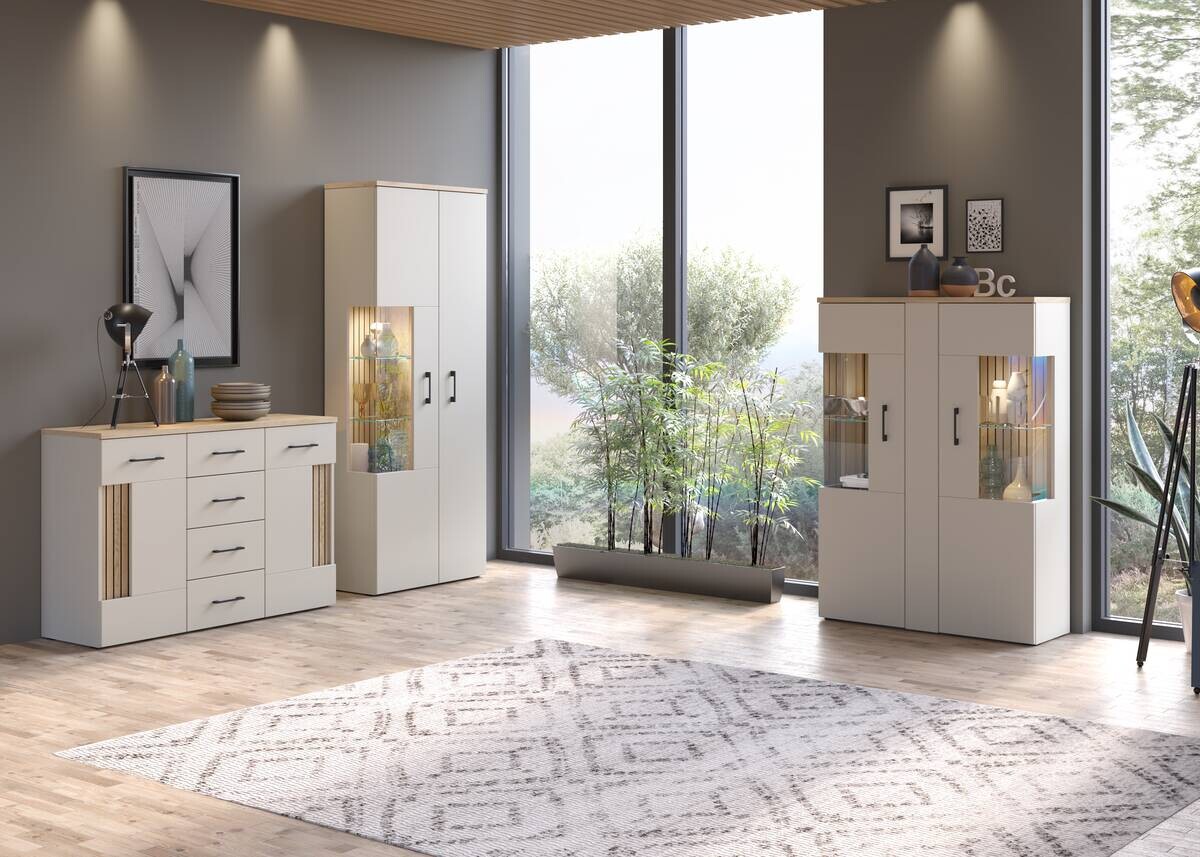 Highboardvitrine Cashmere Eiche Nachbildung Spanplatte B/H/T: ca. 99x138x35 cm