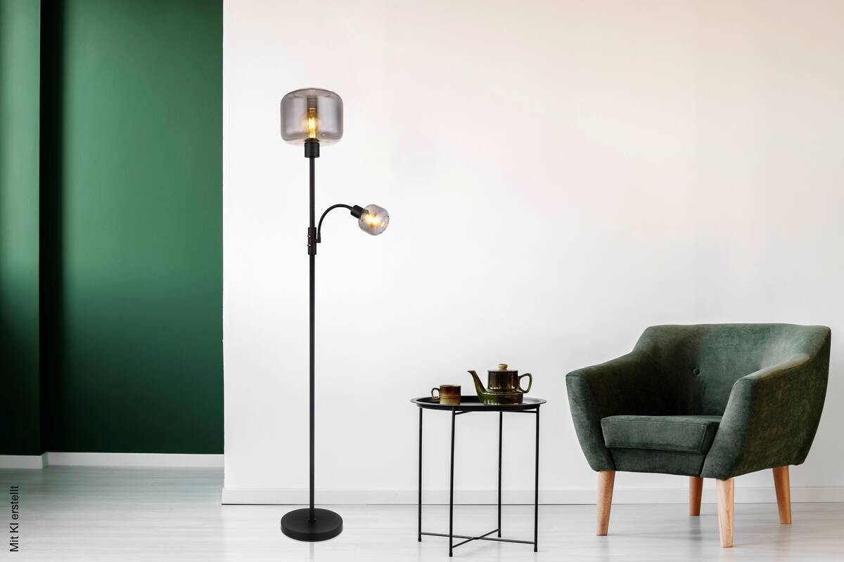 GLOBO Stehlampe grau mattschwarz Metall Glas H/D: ca. 165x25 cm E27 1 Brennstellen