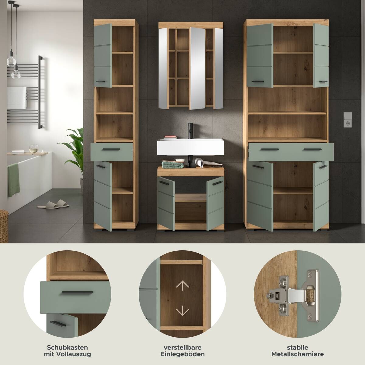 Badezimmer-Set Scout Eiche Artisan Nachbildung salbei Nachbildung B/H/T: ca. 186x191x34 cm