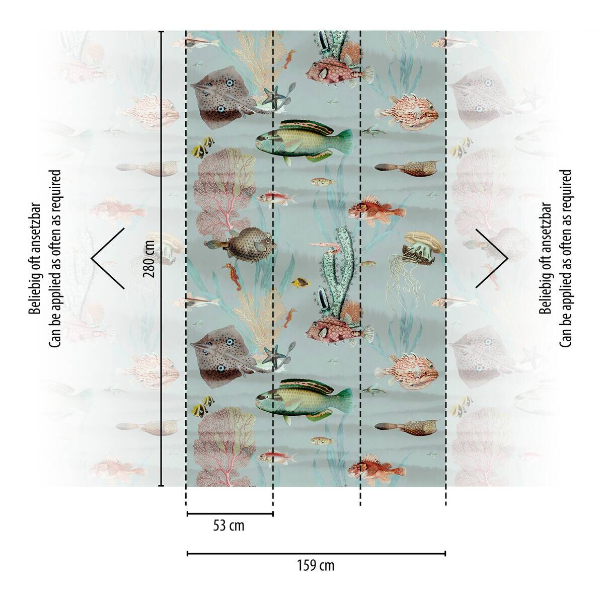 Livingwalls Fototapete Fische blau bunt rosa B/L: ca. 280x159 cm