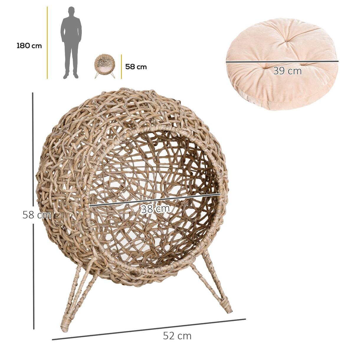 PawHut Katzenkorb natur Rattan B/H/L: ca. 52x58x52 cm