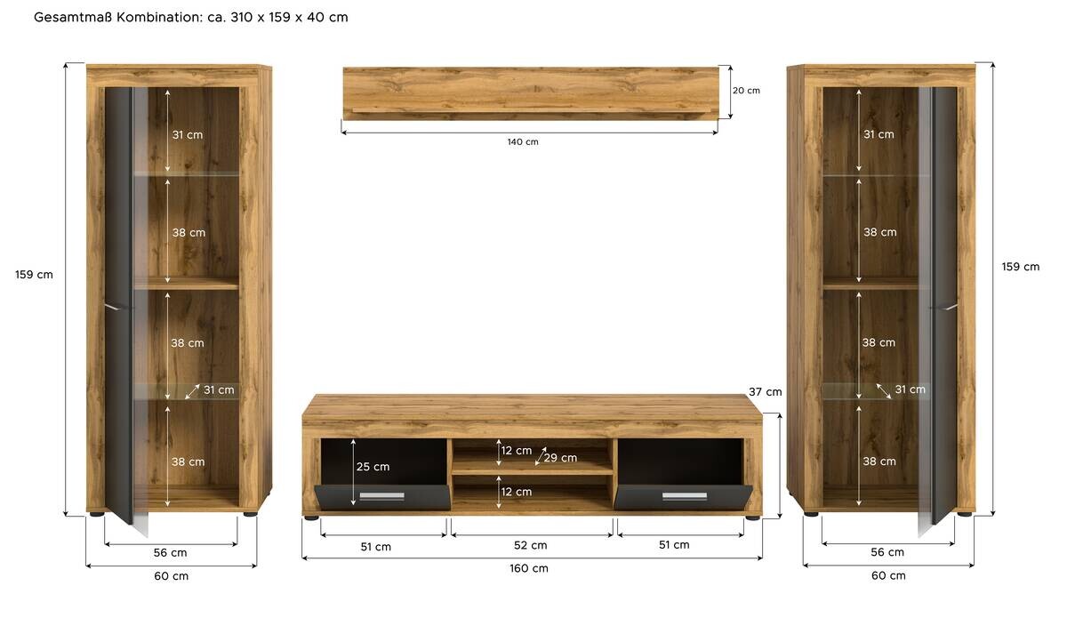 Wohnwand Jam Eiche Wotan Nachbildung grau B/H/T: ca. 310x159x35 cm