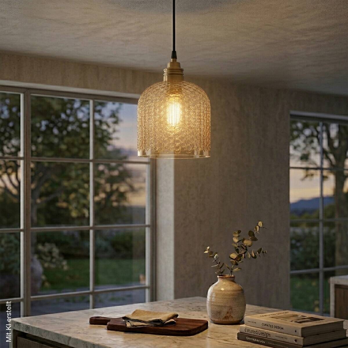 Lamkur Pendelleuchte Eiche gold Glas B/H/L: ca. 18x109x18 cm E27 1 Brennstellen