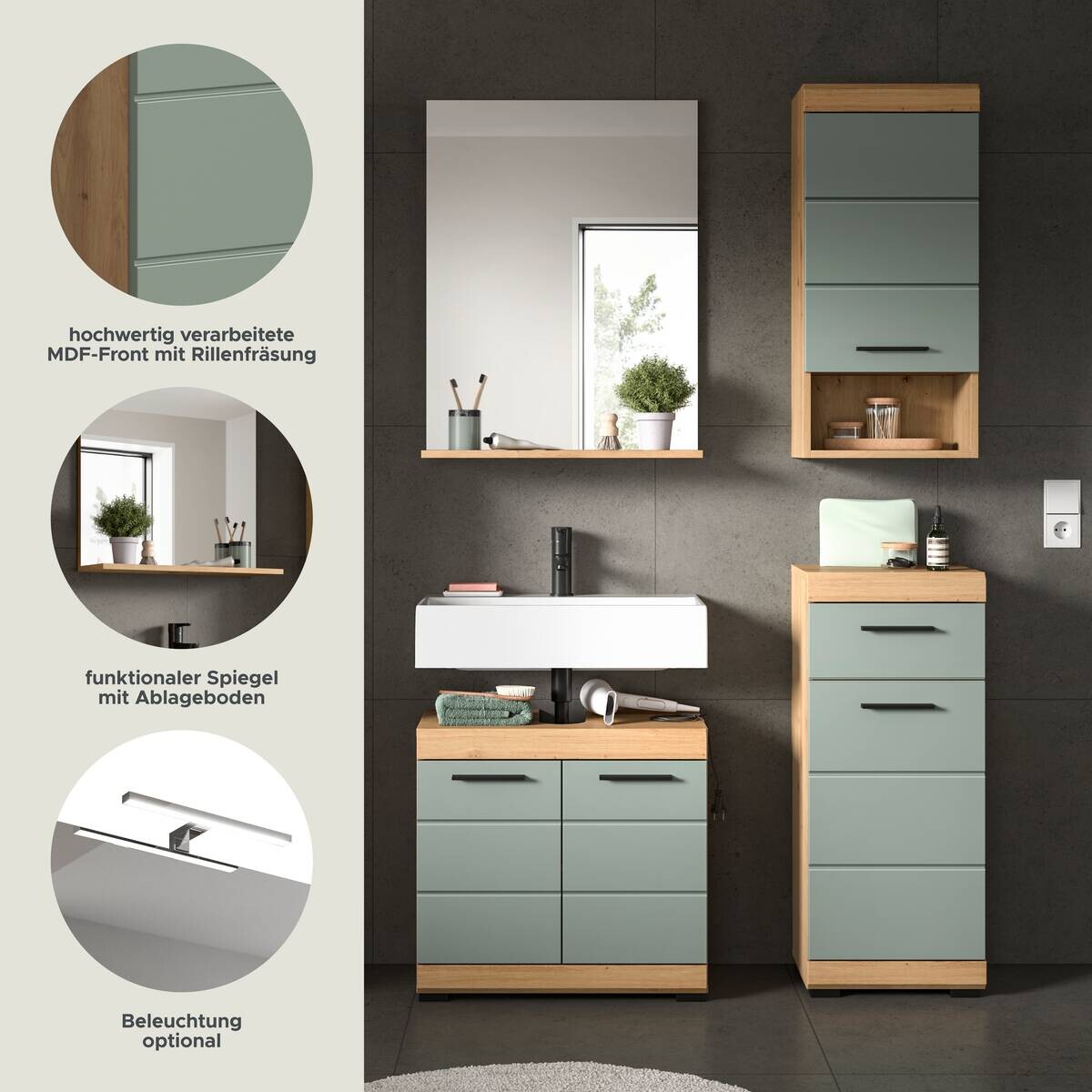 Badezimmer-Set Scout Eiche Artisan Nachbildung salbei Nachbildung B/H/T: ca. 112x191x34 cm