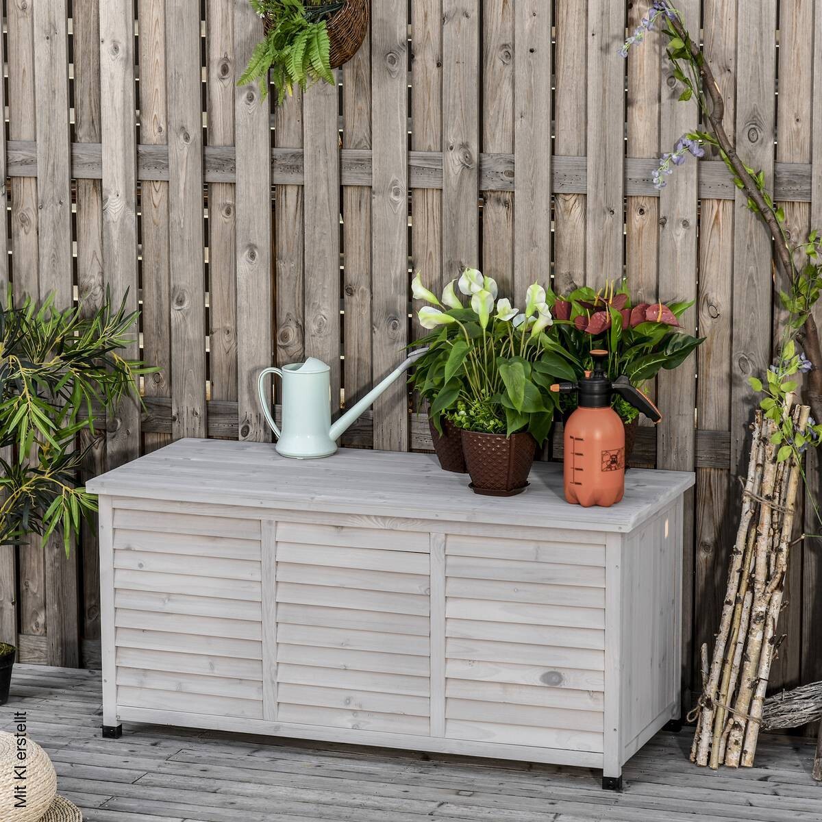 Outsunny Gartentruhe mit Stauraum grau Holz B/H/L: ca. 56x60x127 cm