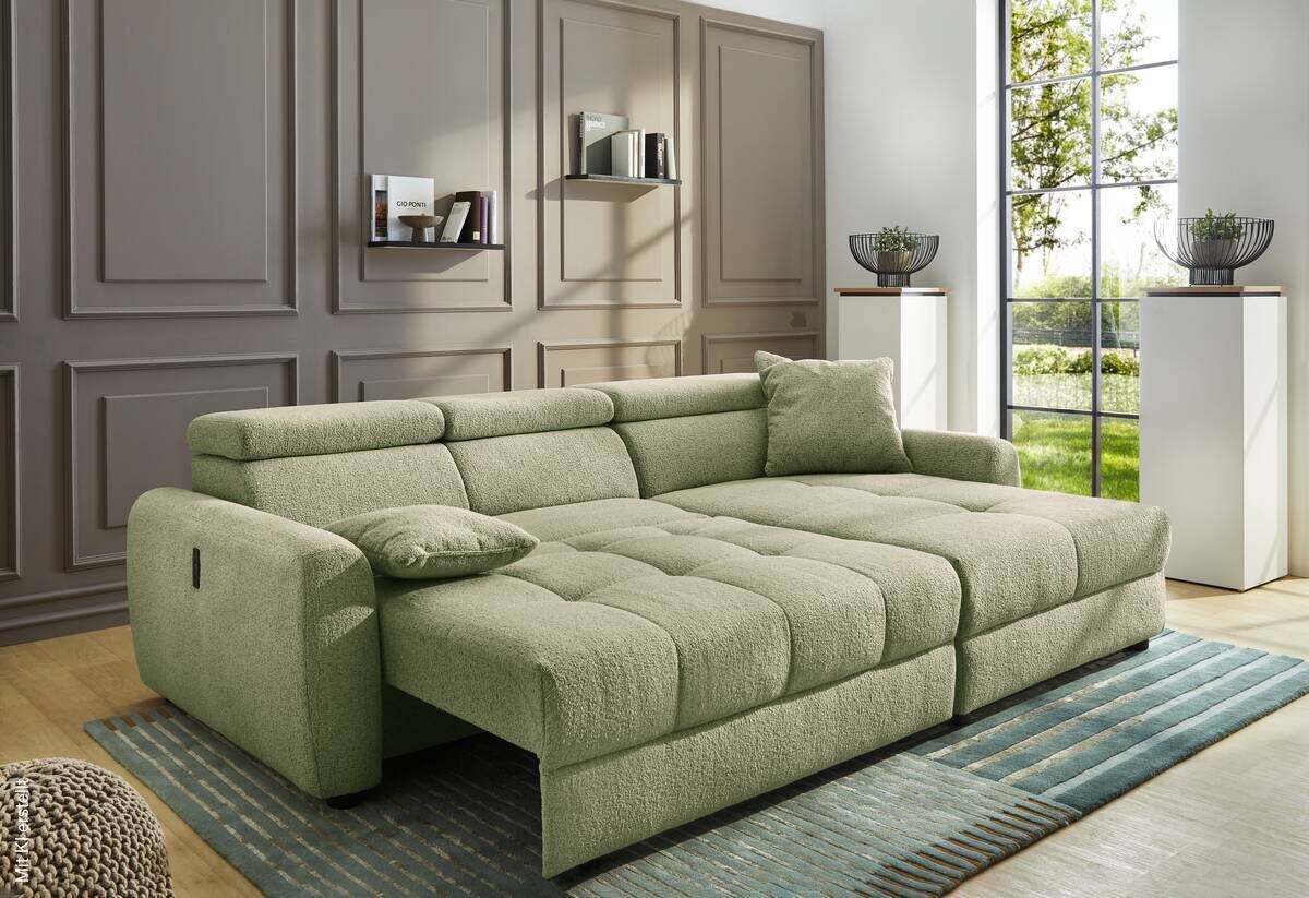 Ecksofa mit elektrischer XXL Sitztiefenverstellung hellgrün Flachgewebe B/H/T: ca. 270x109x175 cm
