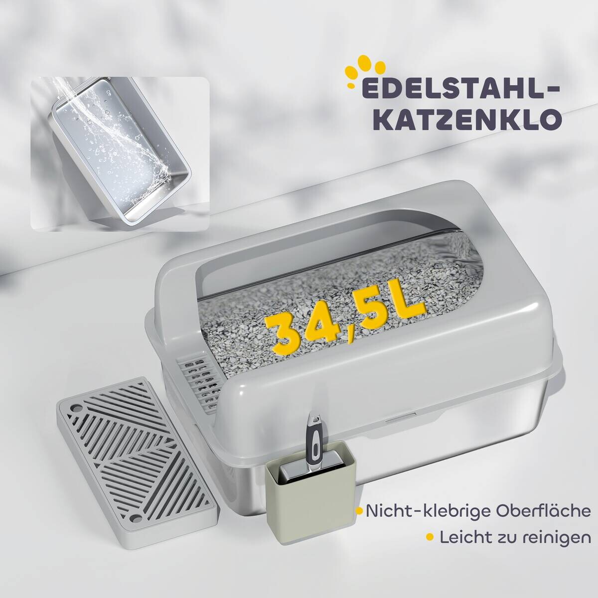 PawHut Katzentoilette hellgrau Edelstahl B/H/L: ca. 40,6x29x60,2 cm