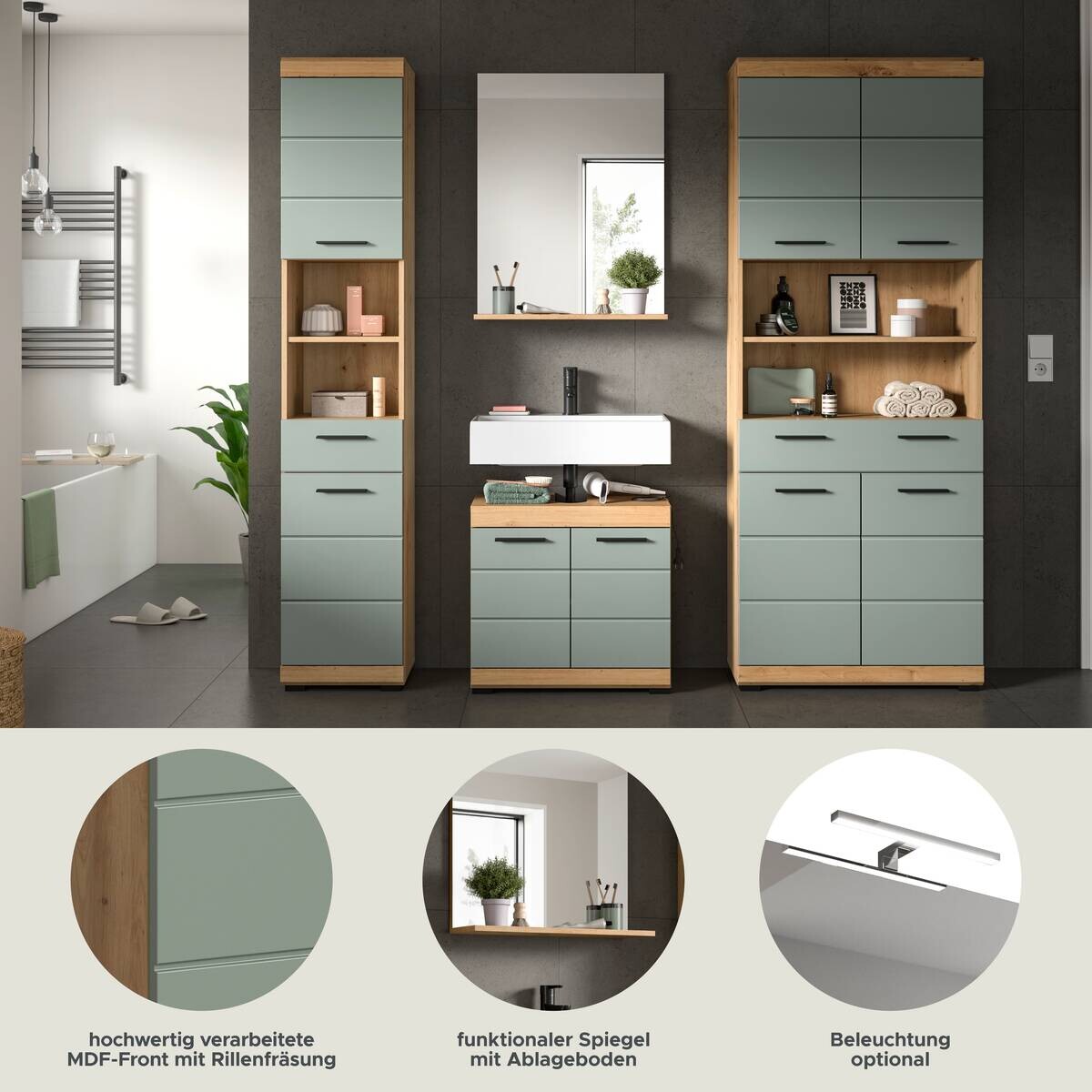 Badezimmer-Set Scout Eiche Artisan Nachbildung salbei Nachbildung B/H/T: ca. 186x191x34 cm