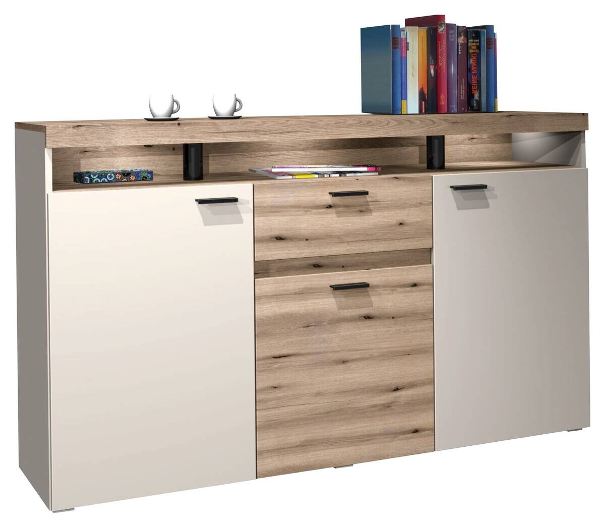 Sideboard Strada weiß Eiche Viking Optik Spanplatte B/H/T: ca. 151x89x37 cm