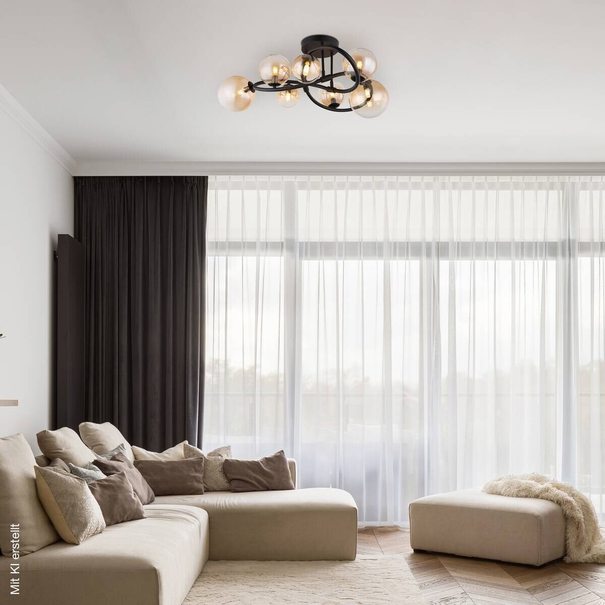 GLOBO LED-Deckenleuchte 10676 amber mattschwarz Glas Metall H/D: ca. 30x62 cm 7 Brennstellen