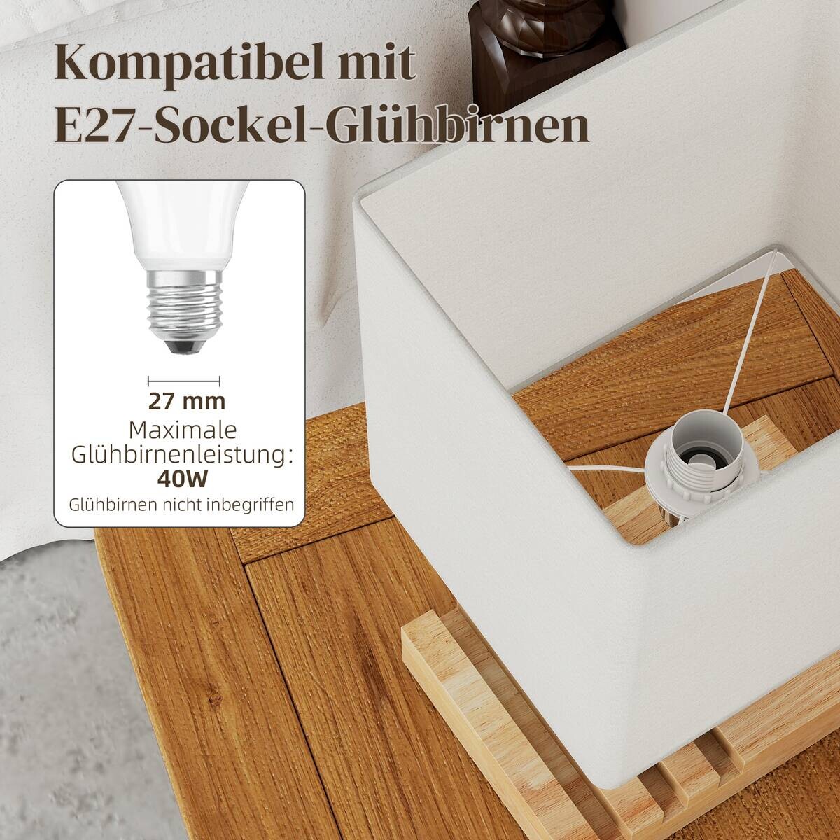HOMCOM Tischleuchte weiß Holz Stahl B/H/L: ca. 20x40,5x25 cm E27 1 Brennstellen
